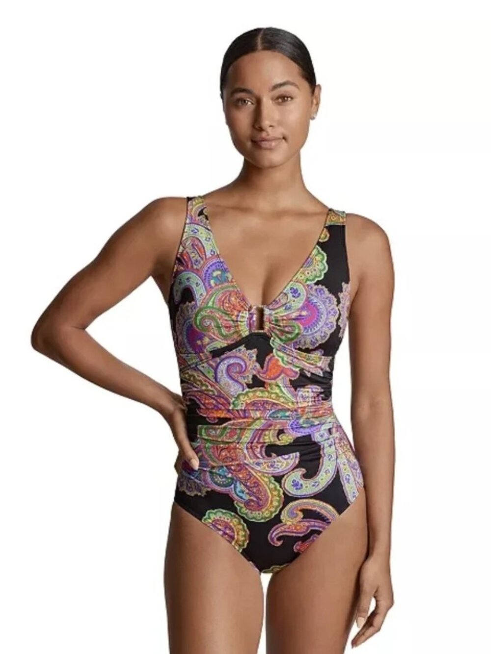 Lauren Ralph Lauren Paisley Ruched One Piece Black Swimsuit Gold Ring 14 NWT